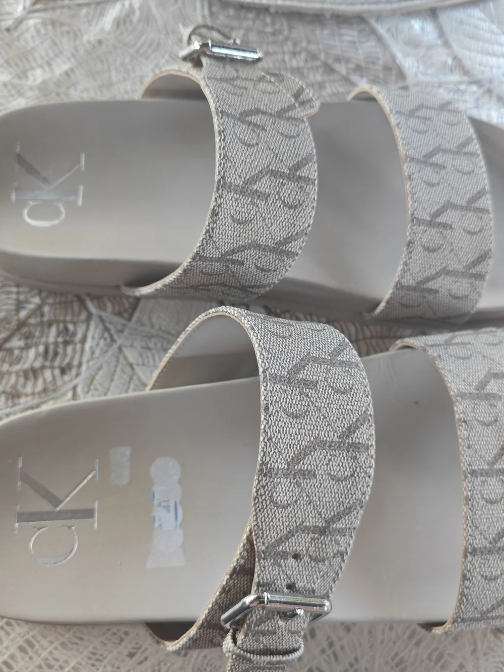 Calvin Klein Women's Beige Logo Double-Strap Slide Sandals